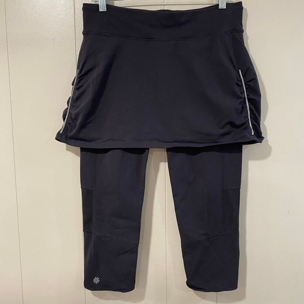 Athleta Black Skirted Leggings L Ruched Reflective Activewear Pants